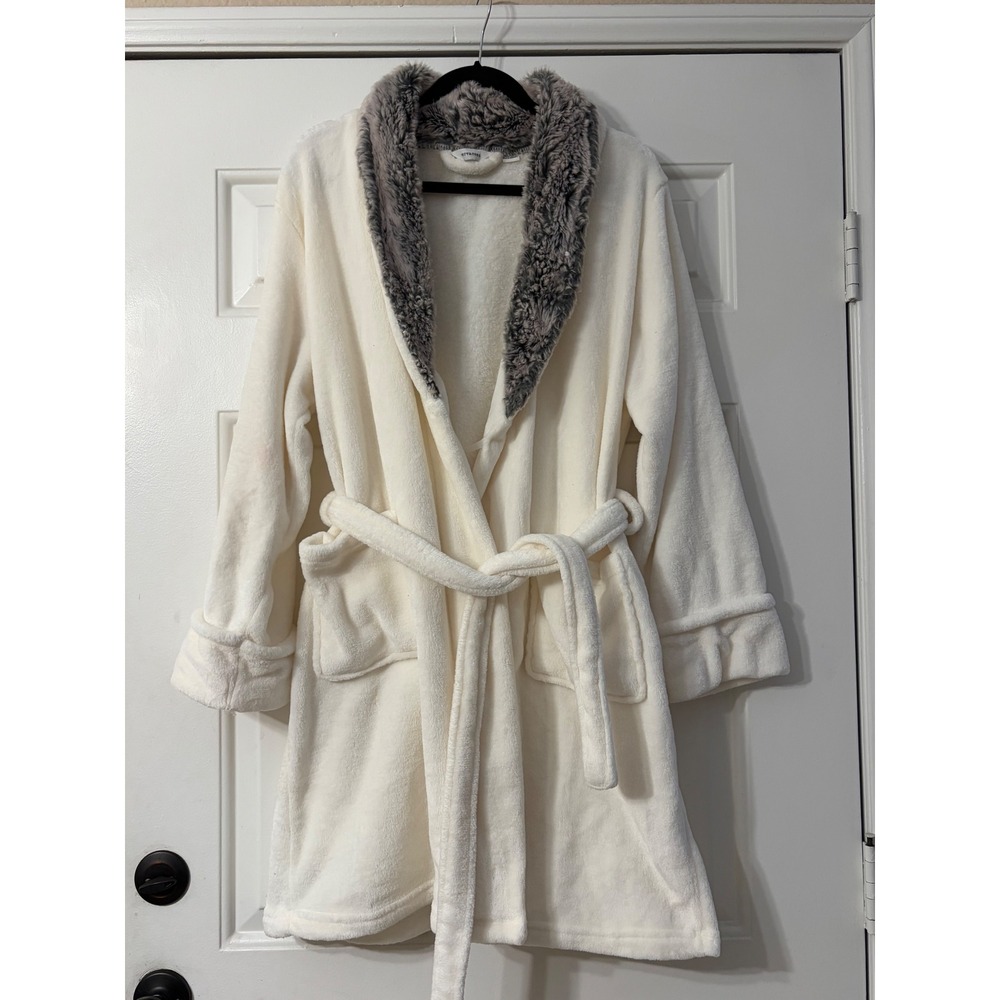 Cervantes | Faux Fur Trim Fleece Bathrobe | OS || Cream|